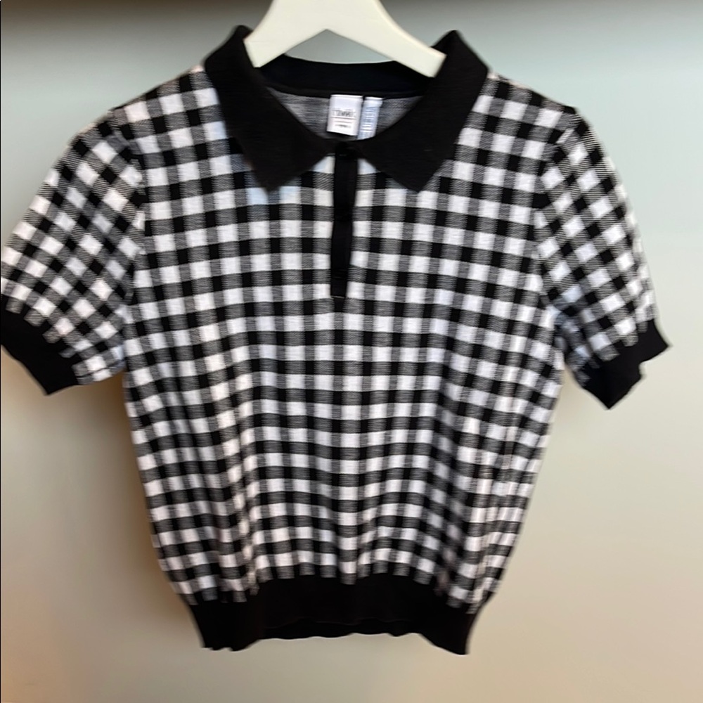 Black and White Gingham Knit Polo Shirt